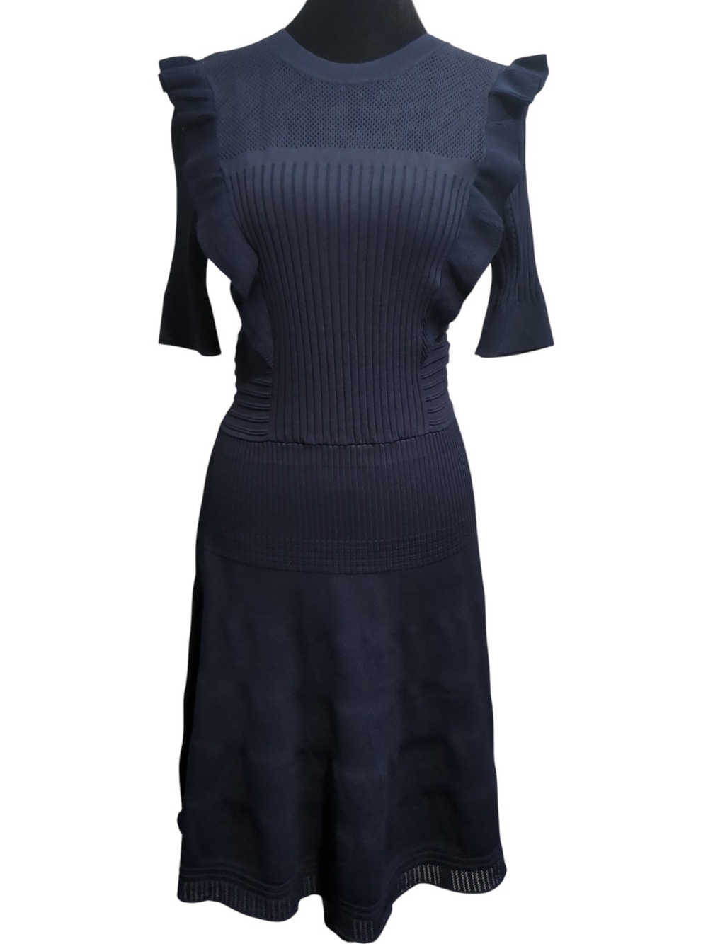 Scotch & Soda M Pointelle Navy Blue Knit Dress Ruffle Sheer Yoke Preppy Coquette